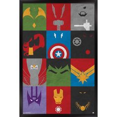 the avengers poster is shown in different colors and sizes, including black, red, green, blue, yellow