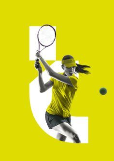 a female tennis player is hitting the ball with her racket on a yellow background