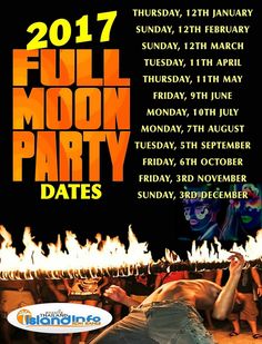 a flyer for a full moon party with fire and flames on the ground in front of it