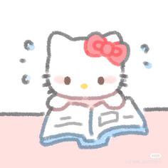 a drawing of a hello kitty reading a book while wearing a bow on her head