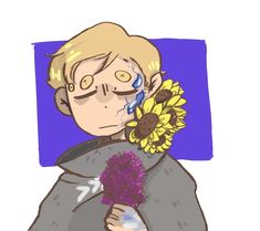 a drawing of a man with sunflowers in his hand and tears on his face