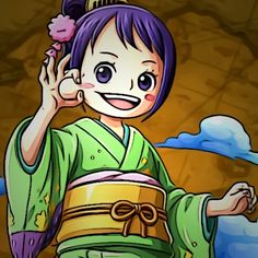 a cartoon girl with purple hair and green kimono holding her hand up in the air