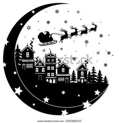 santa's sleigh flying over the city in black and white with stars