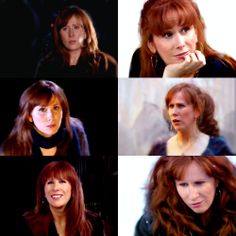 four different pictures of the same woman with red hair and blue eyes, one has her chin resting on her hand