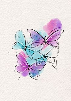 three butterflies flying in the air with watercolor paint on it's back ground