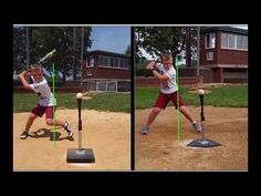 two pictures of a boy hitting a baseball with a bat