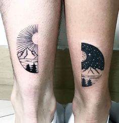 two people with tattoos on their legs, one has a mountain and the other is a lake