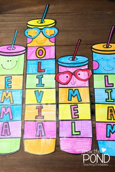 three colorful paper cups with straws on them and the words summer written in large letters