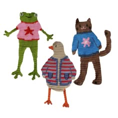 three crocheted animals wearing sweaters and hats, one in the shape of a bird