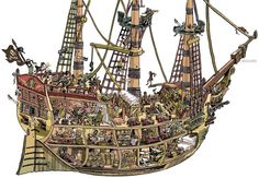 a drawing of a pirate ship with many people on it's sails and ladders