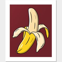 a drawing of a banana on a red background with white border around the bottom half