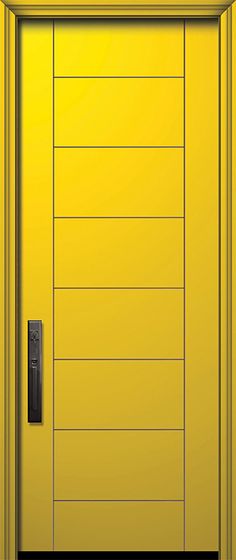 a yellow door with a black handle on the front and side panels, in an open position