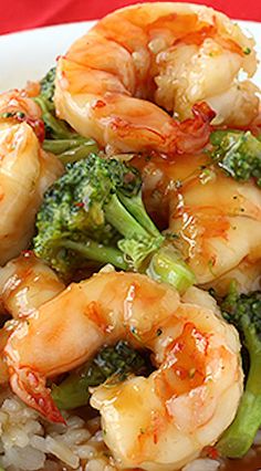 shrimp and broccoli stir fry with rice on a plate