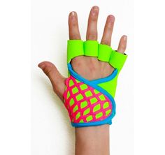 a hand with green and pink wrist wraps on it's palm, against a white wall