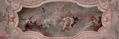 an ornate painting on the ceiling in a room with pink walls and white trimmings