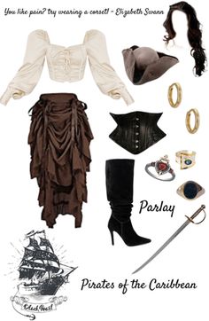 a pirate costume is shown with accessories for the woman's dress and hat, including boots