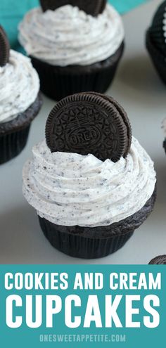 oreo cookies and cream cupcakes with white frosting in the middle on a table