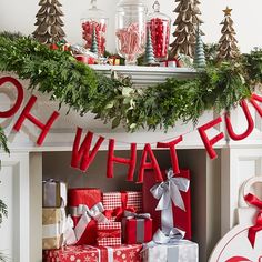 a mantel with christmas decorations and presents on it, along with the words what fun?