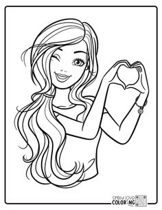 a coloring page with a cartoon girl holding an apple in her right hand and smiling at the camera