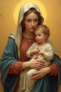 a painting of the virgin mary holding a child