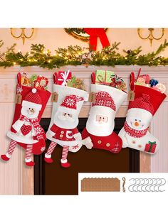 christmas stockings hanging from the fireplace with santa and snowmen