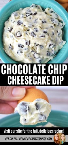 chocolate chip cheesecake dip in a blue bowl