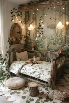 a child's bedroom decorated in woodland theme