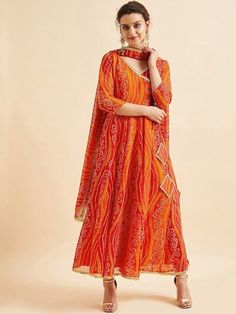 Bandhani Printed V-Neck Anarkali Ethnic Maxi Dress With Dupatta, Indo-Western Dress, Party Wear Indian Outfit, Anarkali, Wedding wear outfit VitansEthnics Indo Western Dress Party Wear, Dress With Dupatta, Bandhani Dress, Haldi Outfit, Angrakha Style, Printed Anarkali, Designer Sarees Collection, Kurti Designs Latest, Indo Western Dress