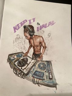 a drawing of a man holding a dj's turntable in front of him