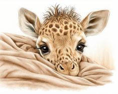 a drawing of a baby giraffe peeking out from under a blanket on the ground