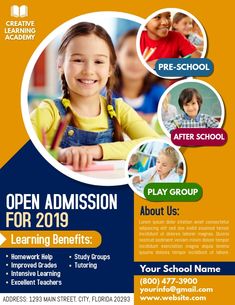 a flyer for an open school with children's pictures and text on the front