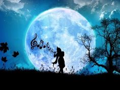 the silhouette of a person holding a musical note in front of a full moon