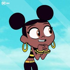 an animated character with big ears and large hoops on her head, standing in front of a blue sky