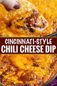 a hand dipping a piece of cheese into a casserole dish with text overlay that reads, cincinnati - style chili cheese dip