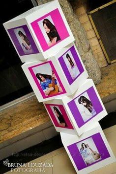 a tall stack of photos on display in front of a window with the words, photo collages