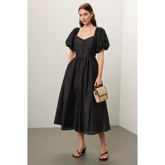 Black cotton (62% Rayon, 18% Nylon, 12% Polyester, 8% Cotton). Empire. Short sleeves. Sweetheart. Front button closure. 44" from shoulder to hemline. Imported. Casual Black Midi Puff Sleeve Dress, Black Midi-length Puff Sleeve Dress For Brunch, Black V-neck Puff Sleeve Dress For Work, Casual Black Midi-length Puff Sleeve Dress, Spring Midi-length Puff Sleeve Dress With Button Closure, Puff Sleeve Midi Dress, Rent The Runway, Closet Designs, Black Cotton