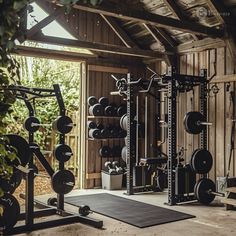 a home gym with lots of exercise equipment