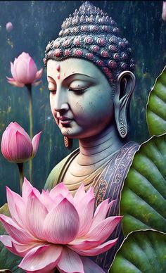 the buddha statue is surrounded by pink flowers