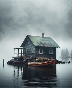 a boat sits in the water next to a house