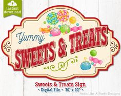 yummy sweets and treats sign on a wooden background