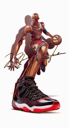 an autographed basketball player holding a ball in his right hand and wearing red shoes