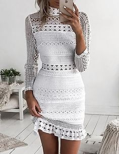 Women's Lace Dress Short Mini Dress White Long Sleeve Pure Color Embroidered Ruched Lace Fall Winter High Neck Elegant Fashion 2022 S M L XL Long Sleeve High Neck Dress, Short Beach Dresses, Short Dress White, Mode Boho, Lace Bodycon, Patchwork Dress, Lace White Dress, Lace Mini Dress, Long Sleeve Lace