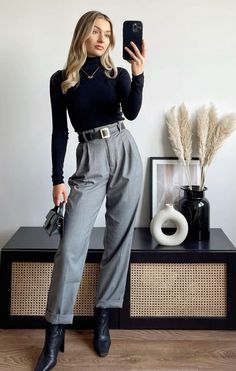 Professional But Casual Outfits Women, Cute Simple Interview Outfits, Work Style 2023, Grey Work Trousers Outfit, Lily Clark Outfits, Grey Business Casual Outfits For Women, Smart But Casual Outfits, Colourful Business Outfit, Grey Trousers Outfit Women Work Attire