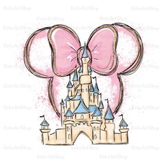 a drawing of a castle with a large pink bow on it's head and ears