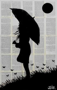 the silhouette of a woman holding an umbrella in front of a book page with butterflies on it