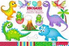 dinosaur clipart set with different types of dinosaurs and volcanos, including one in the middle