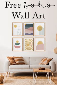 a living room with pictures on the wall and text overlay that says free photos wall art