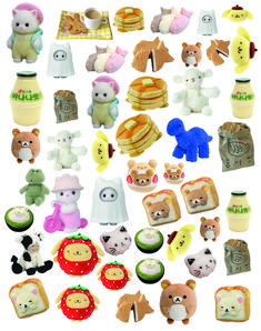 there are many different stuffed animals on this white background, including teddy bears and pancakes