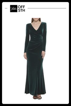 This Maxi Dress Has Asymmetrical Ruching At The Waist, Open Back And V-Neck. Fitted Throughout The Body, Fully Lined. Surplice Neckline Long Sleeves Back Zip Closure Side Ruched Lined Polyester & Spandex Dry Clean Imported Size & Fit True To Size About 70" From Shoulder To Hem Model Shown Is 5'10" (177cm) Wearing Us Size 4. Womens - W Dresses > Saks Off 5th. Eliza J. Color: Hunter. Size: 8. Velvet Maxi Dress, Velvet Maxi, Surplice Neckline, Eliza J, Polyester Spandex, Dresses For Sale, Open Back, The Body, Comfort Fit