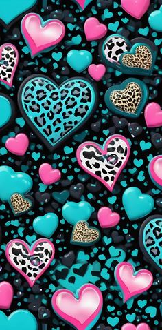 colorful hearts and leopard print on black background